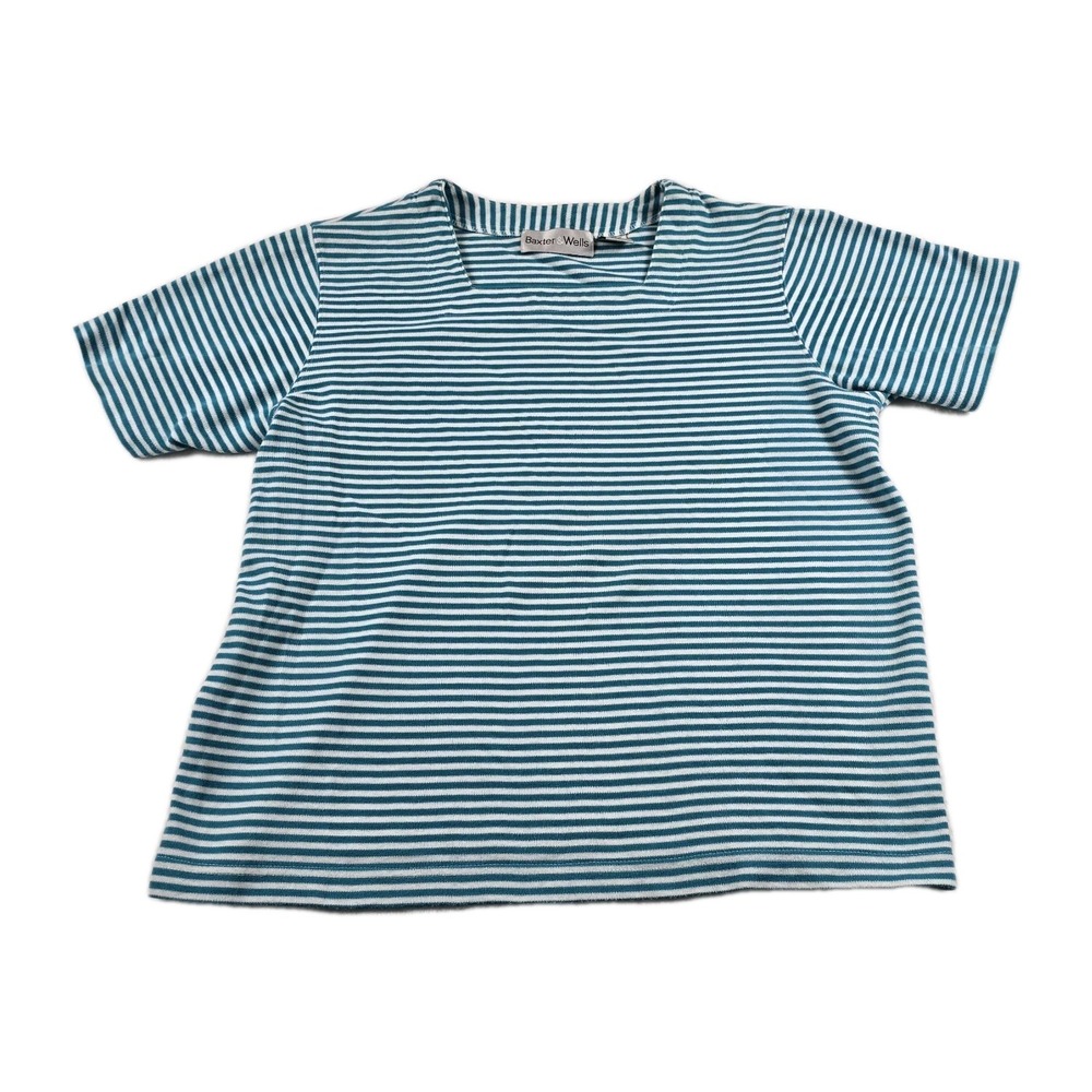 Baxter & Wells Womens Teal White Striped Square Neck Short Sleeve T-Shirt Size M
